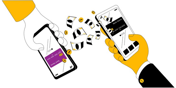 Vector hands with mobile phones transfer money from card to card