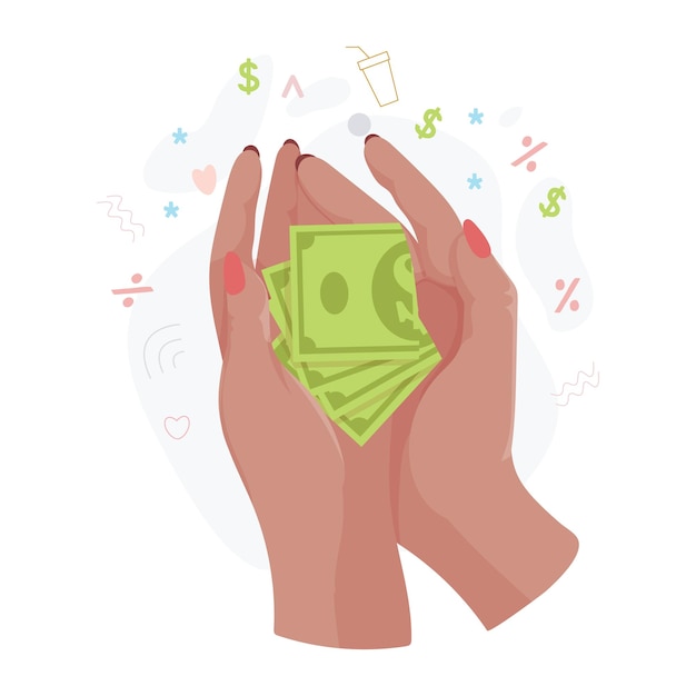 hands with money counting giving giving receiving squeezing and showing money payment for goods charity banking operations with cash vector illustration