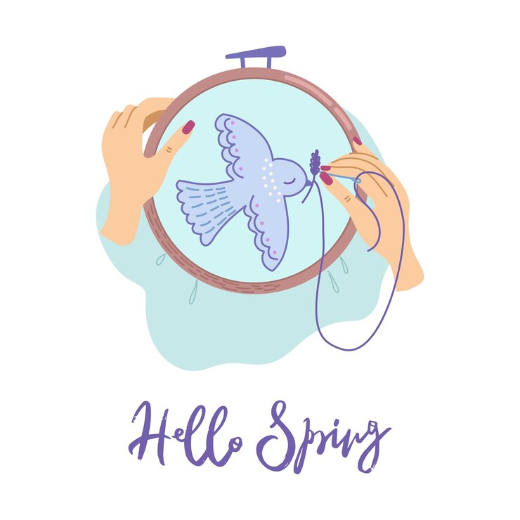 Vector hands with needle and thread embroidering dove of peace on canvas in embroidery hoop.