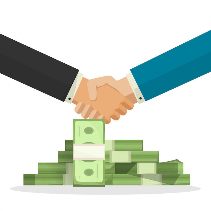 Vector handshake success deal or agreement near money pile vector illustration