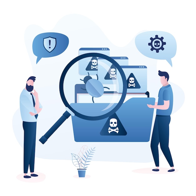 Handsome employee holding folder with computer viruses and bugs vector illustration