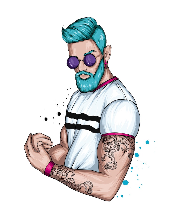 Vector handsome guy with stylish hairstyle beard and tattoo