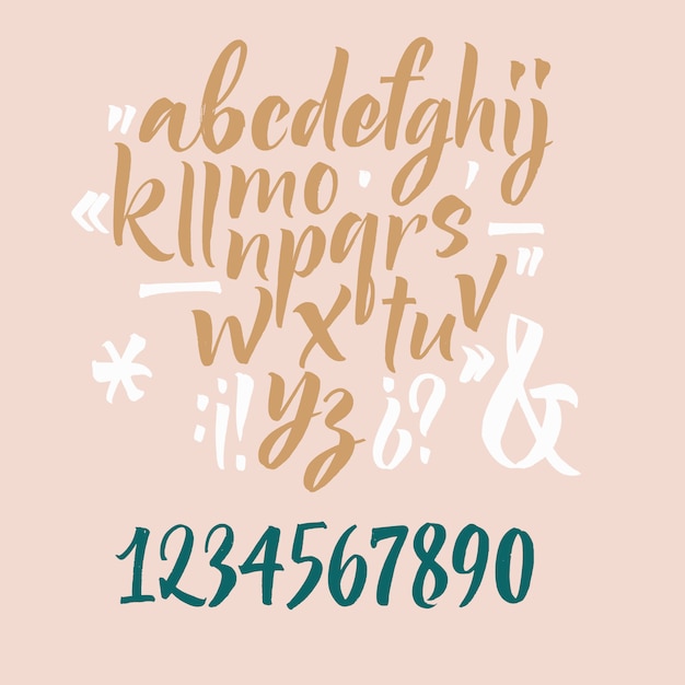 Handwritten script font. Brush font. Lowercase, numbers, punctuation