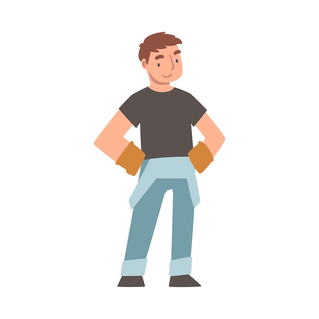 Handyman or fixer as skilled man in overall and gloves engaged in home repair work vector