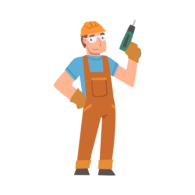 Handyman or fixer as skilled man in overall with drill engaged in home repair work vector