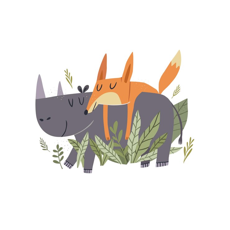 Vector happy animal fox and rhino