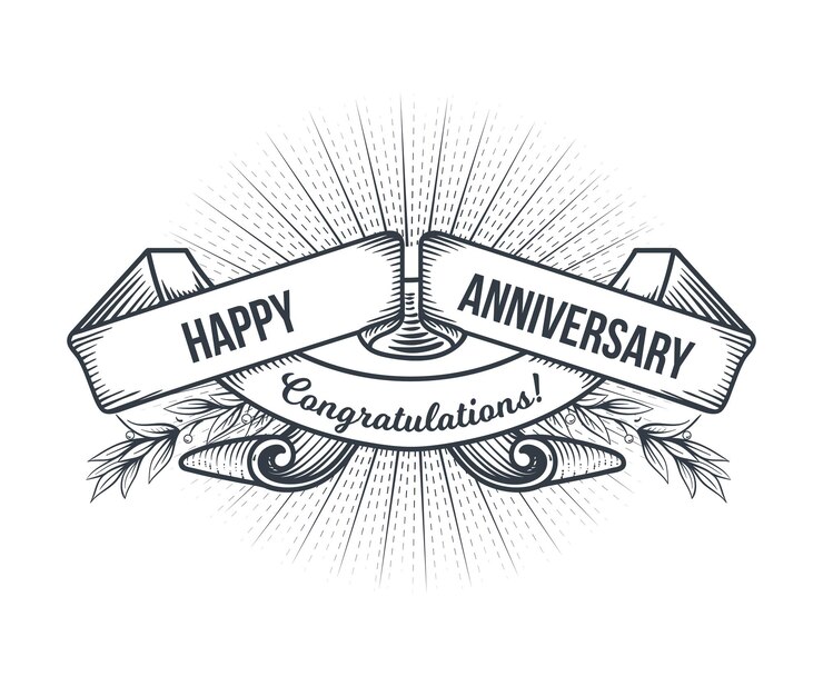 Vector happy anniversary lettering and ribbon grunge banner on white background handmade greeting card