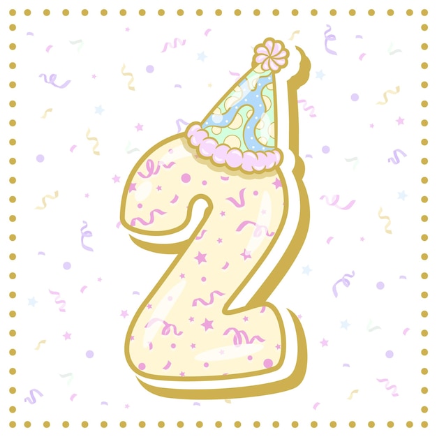 Happy Birthday English number 2 in cute pastel coloring with a party hat