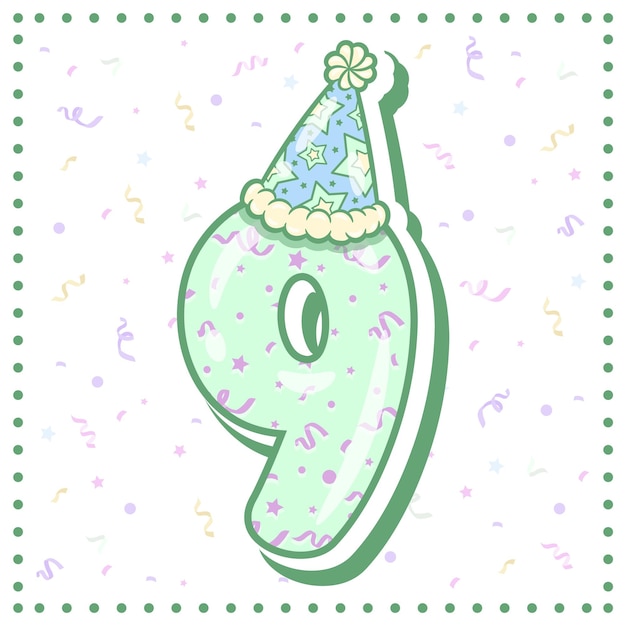 Happy Birthday English number 9 in cute pastel coloring with a party hat