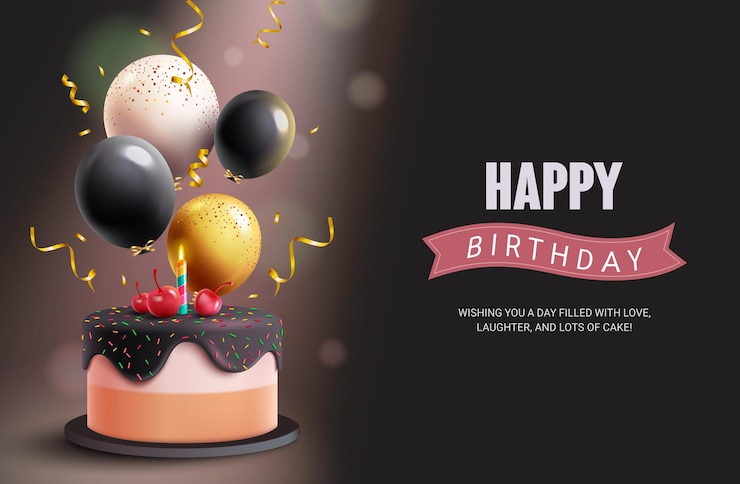 Vector happy birthday text vector template birthday cake with balloon and confetti elements in elegant
