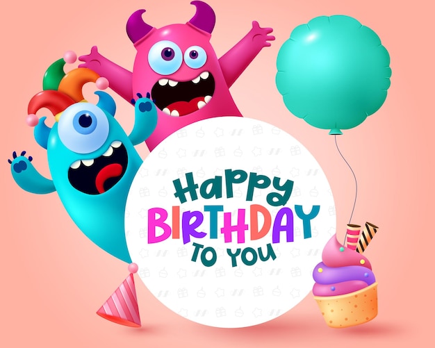 happy birthday text vector template birthday kids celebration with funny and cute cartoon creature