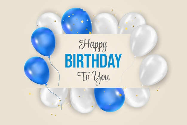 Happy birthday wish illustration with 3d realistic blue air balloon on white background with text