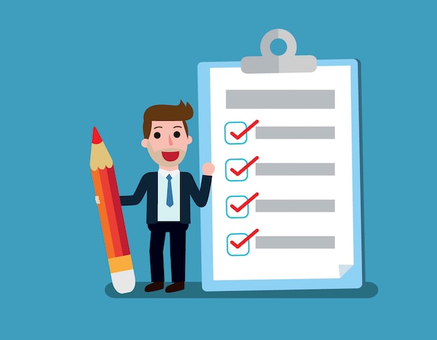 Happy businessman holding a pencil looking at completed checklist on clipboard 