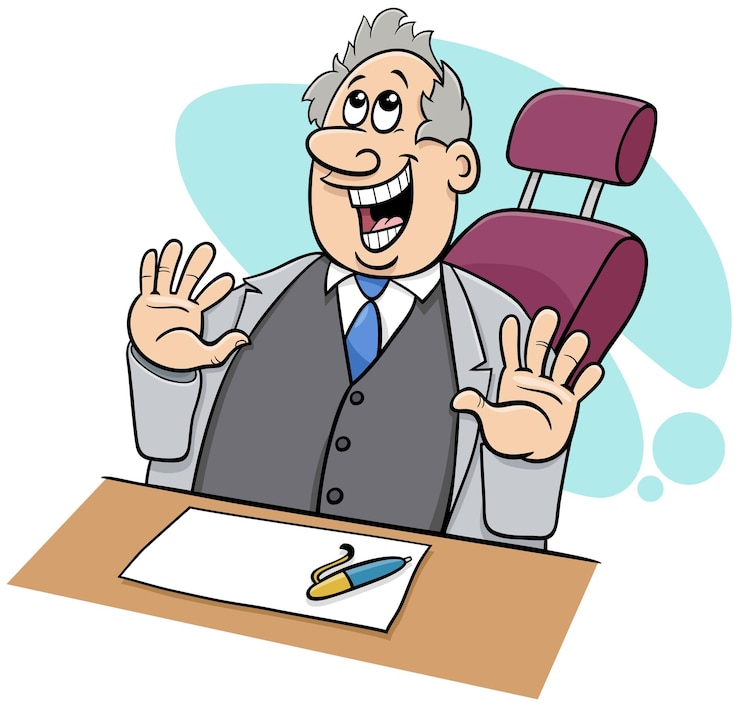 Vector happy cartoon boss or businessman behind the desk