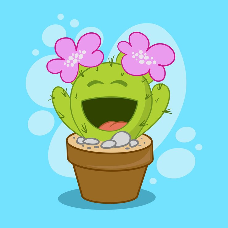 Vector happy cartoon cactus in a pot with pink flowers on a blue background flat vector illustration