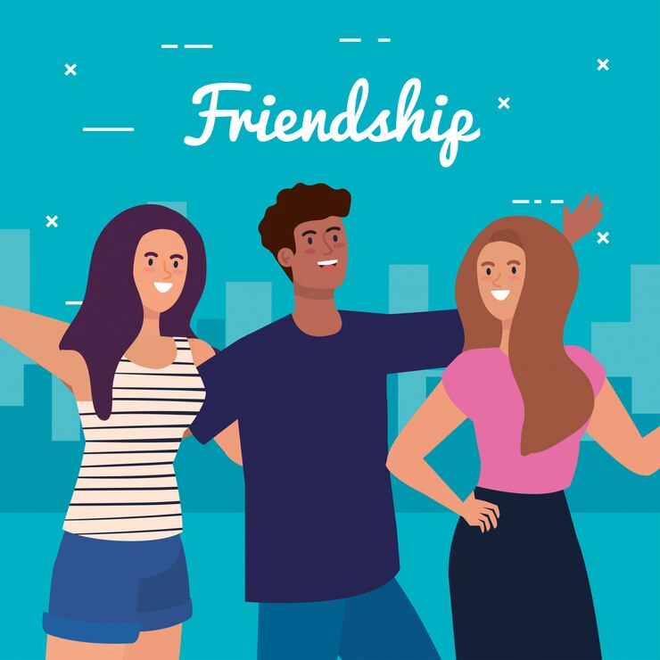 Vector happy characters, young women with man, friendship excitement, cheerful laughing from happiness in cityscape