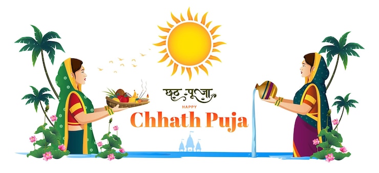 Vector happy chhath puja illustration with two indian women doing prayer of god sun and bathing in river