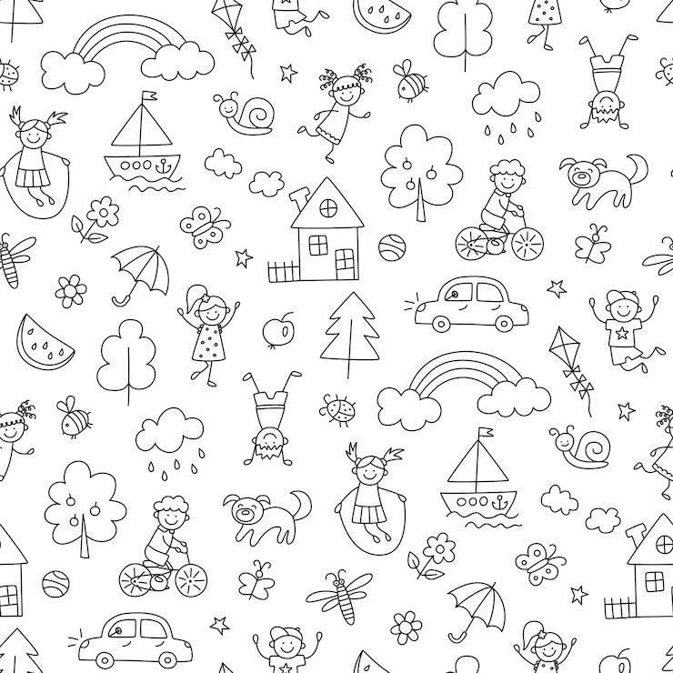Happy children in summer park. Funny small kids play, run and jump. Seamless pattern in childish doodle style. Hand drawn vector illustration