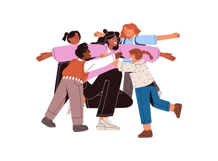Vector happy children love hug their favourite teacher funny kids embrace young woman students are in friendly school relationship with girl flat isolated vector illustration on white background