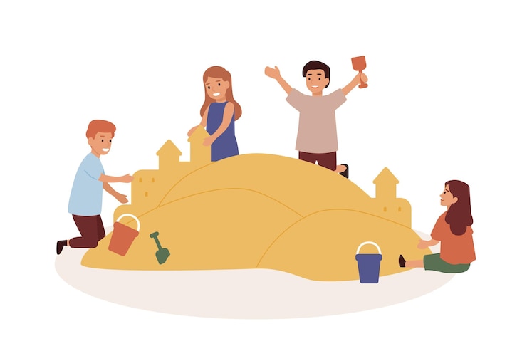 Vector happy children playing in sandbox flat illustration