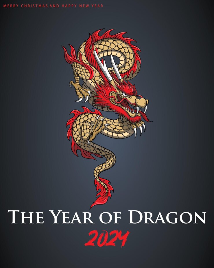 Happy Chinese New Year 2024 with realistic red dragon