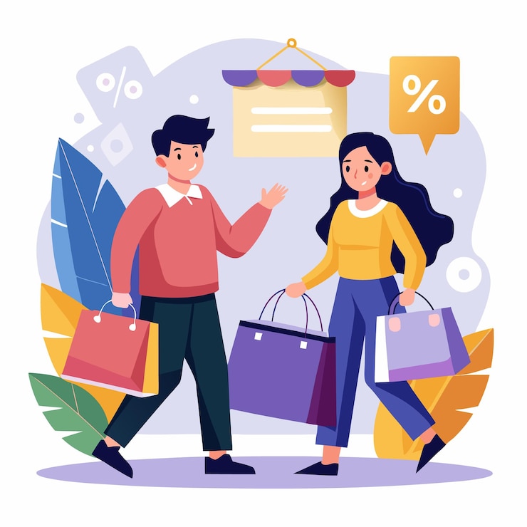 Vector happy couple shopping with discount offers at the store