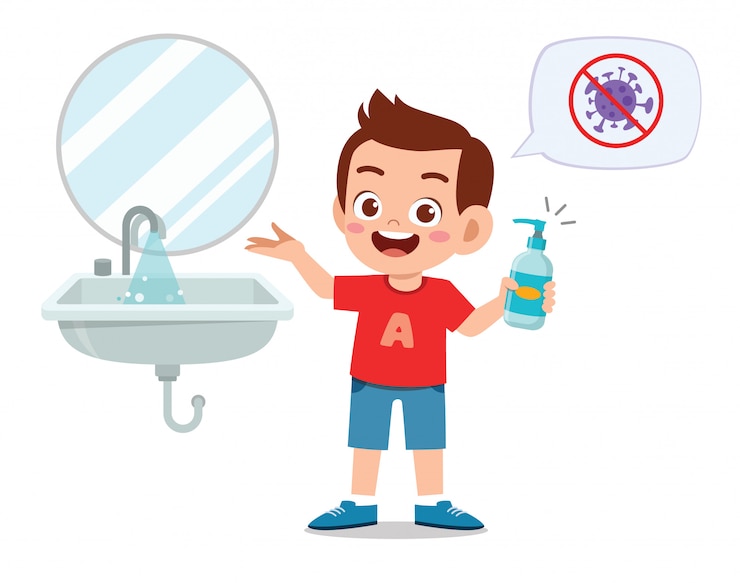 Vector happy cute little kid boy wash hand in sink