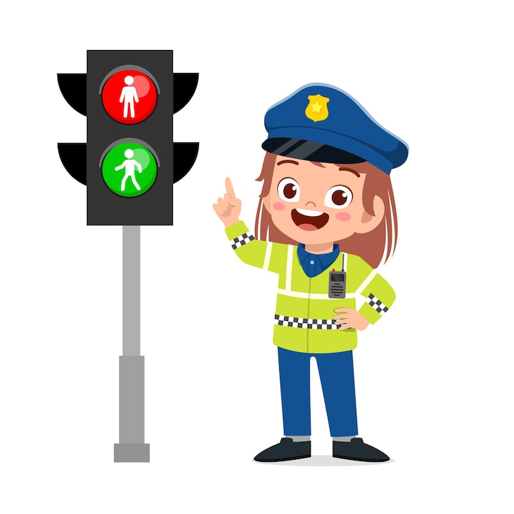 Vector happy cute little kid girl wearing police uniform and stand beside traffic lamp