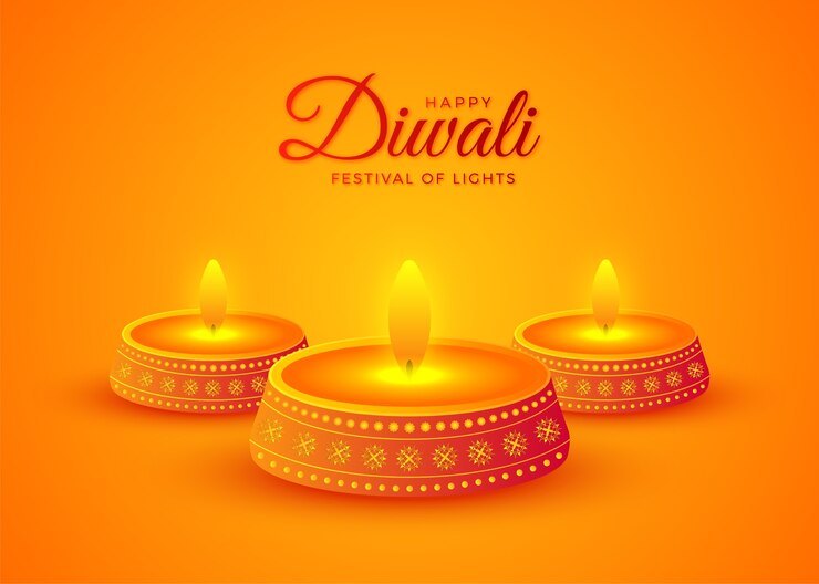 Happy Diwali oil lamp burning on yellow background