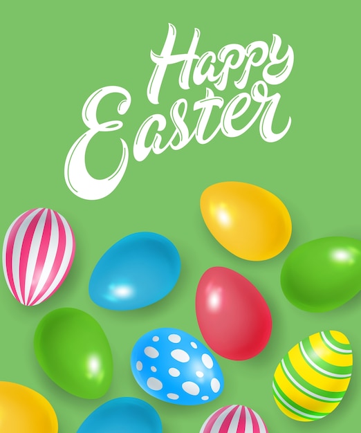 Happy Easter calligraphy with ornate eggs on green background. 