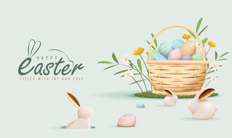 Vector happy easter day design with realistic eggs in basket and cute bunny in pastel color background