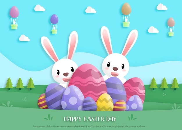 Happy easter day in paper art style with rabbit and easter eggs. greeting card