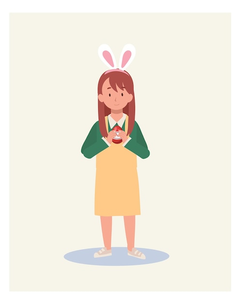Happy Easter Day Little girl with bunny ears is holding an Easter egg Flat style vector illustration
