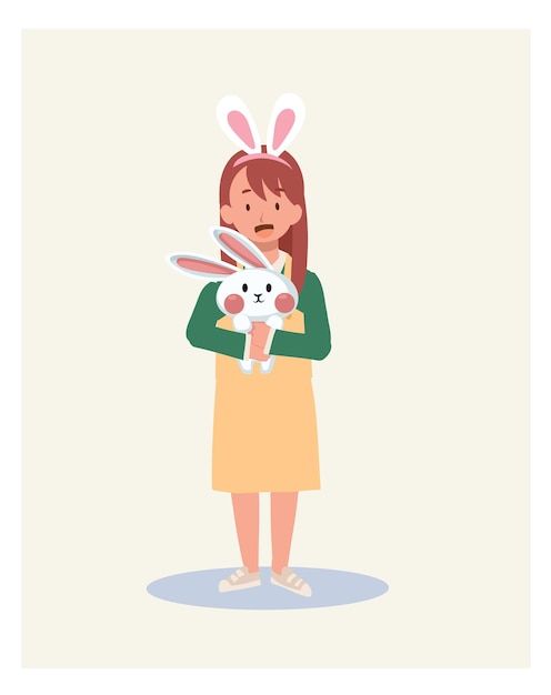 Happy Easter Day Little girl with bunny ears is holding hugging an adorable bunny Flat style vector illustration