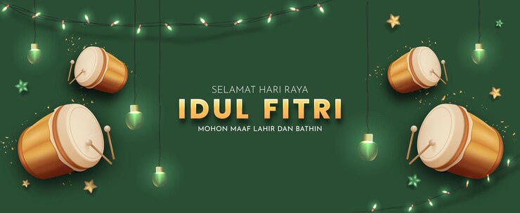 Vector happy eid al fitr eid mubarak design with 3d realistic bedug indonesian drum
