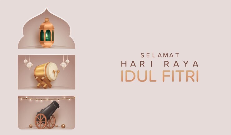 Vector happy eid mubarak vector illustration. 3d realistic lantern, bedug and cannon in shelf stand frame.