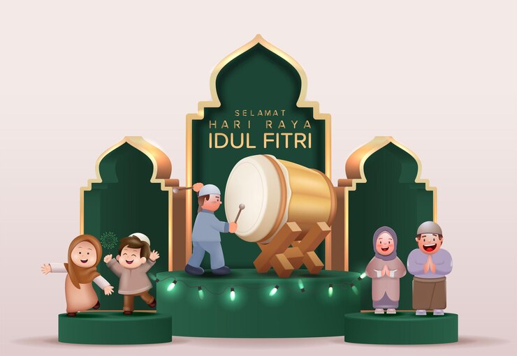 Vector happy eid mubarak vector illustration. moslem boys and girl celebrating eid al fitr happily wearing
