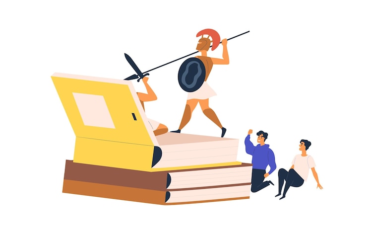 Vector happy excited teen readers with book of fascinating legends about knights. people and fiction literature. reading hobby and imagination concept. flat vector illustration isolated on white background.