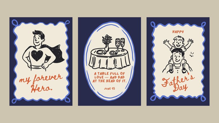 Happy Fathers Day Dad Greeting Doodle Vintage Sketch Card Set Holiday Vector