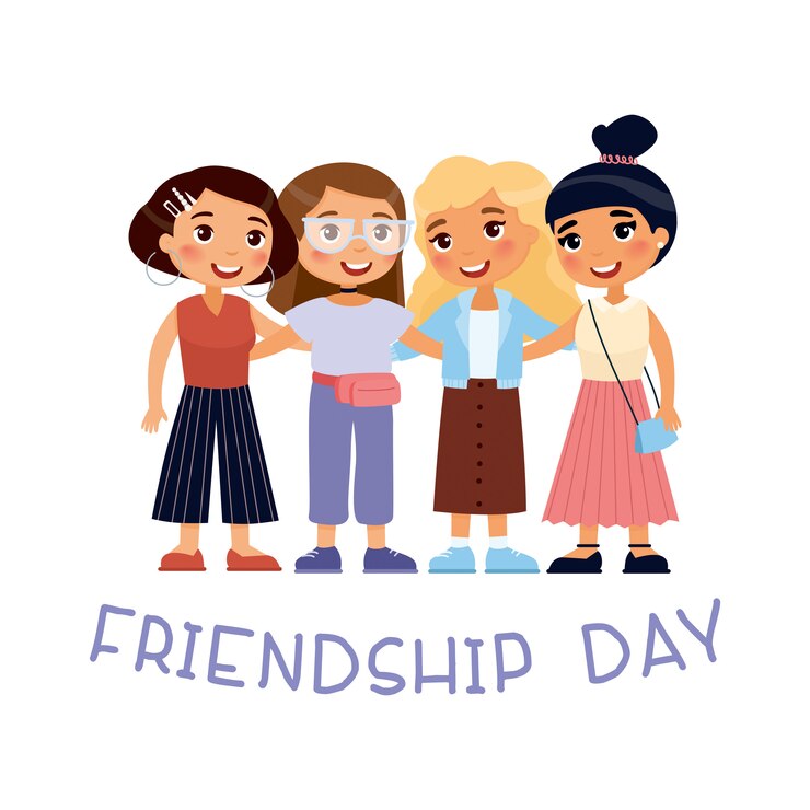 Vector happy friendship day. four young cute girls hugging. funny cartoon character with typography. concept of female friendship. illustration isolated on white background