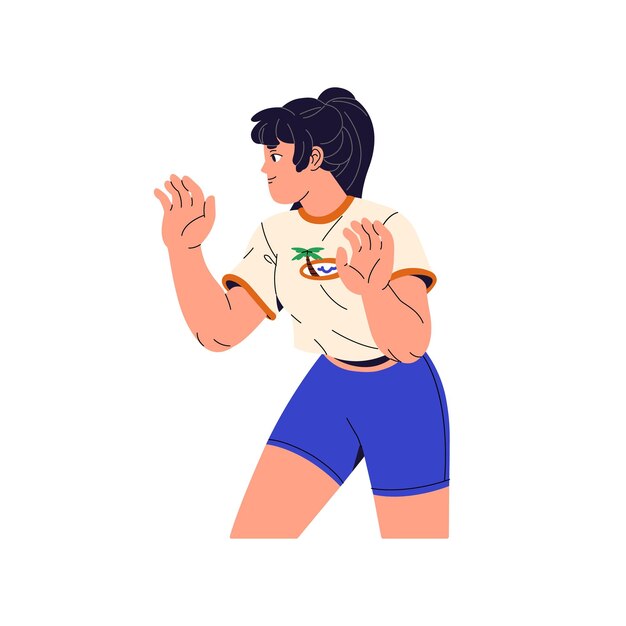 Happy girl in T shirt and shorts plays beach volleyball Young woman in prepares reaches hands to catch ball person have fun on sand coast in summer Flat isolated vector illustration on white