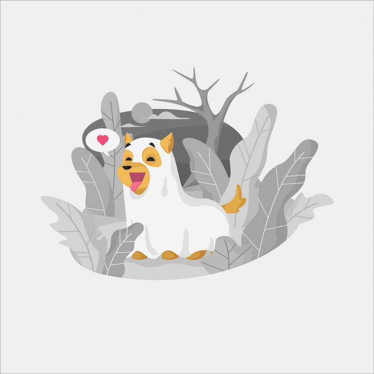 Vector happy halloween ghost dog playing outdoors illustration
