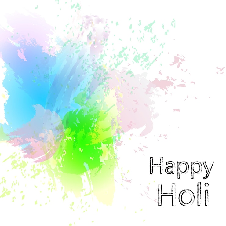 Vector happy holi colorful background with realistic powder paint clouds and calligraphic text