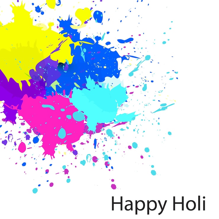 Vector happy holi colorful background with realistic powder paint clouds and calligraphic text