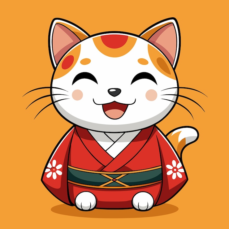 Vector happy japanese kimono lucky cat printable graphic design for good luck