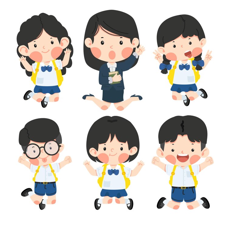 Happy Kids Students with Teacher Jumping in Air Set
