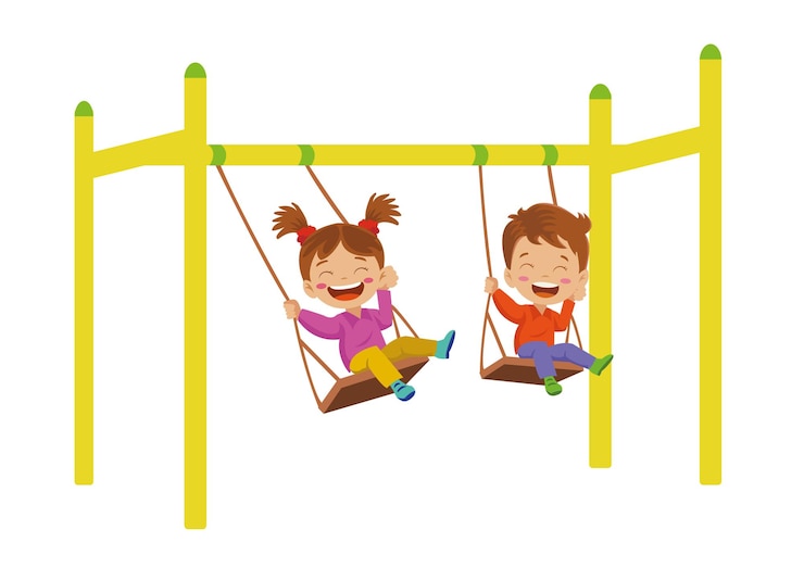 Vector happy kids swinging in children's playground