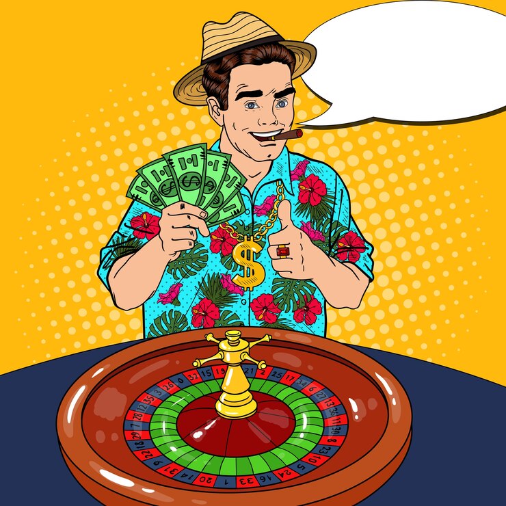 Vector happy man behind roulette table celebrating