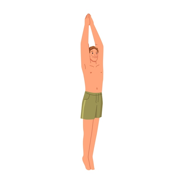 Happy man in swimwear jumping into water summer