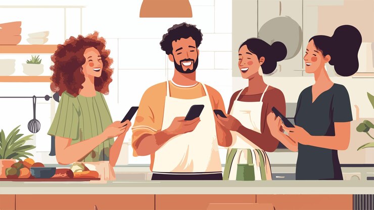 Vector happy man sharing smartphone with cheerful female friend